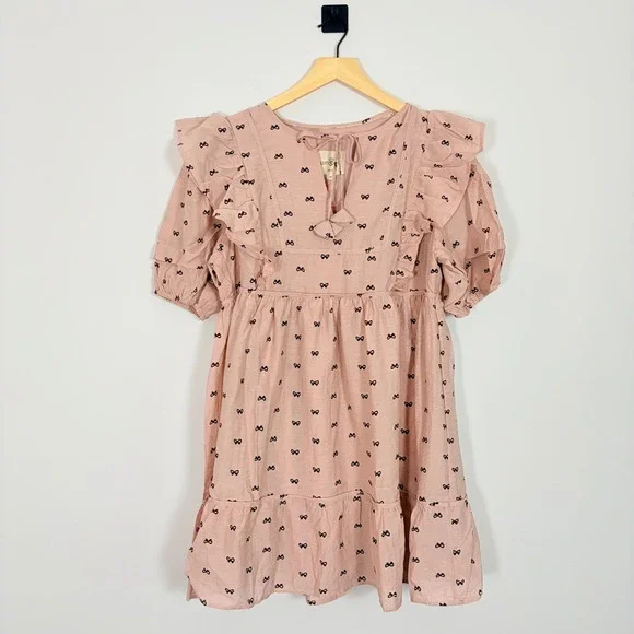 Umgee Pink Bow Print Ruffle Babydoll Mini Dress Linen Blend Medium Cottagecore - Picture 2 of 8